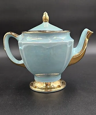 Vintage CG  Aqua Blue Lusterware Teapot With Warranted 22 Kt Gold Trim USA MCM • $47.95