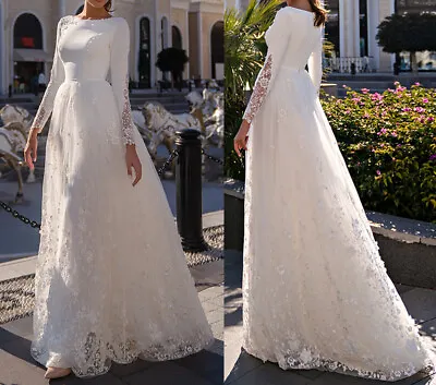 Elegant Muslim O-Neck Wedding Dress Long Sleeve Satin Applique A Line Bride Gown • $147.90