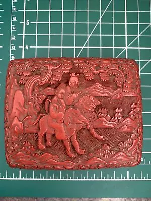 Vintage Carved Cinnabar Trinket Box Man Woman Fu Dog Elephant Footed Hinged • $300