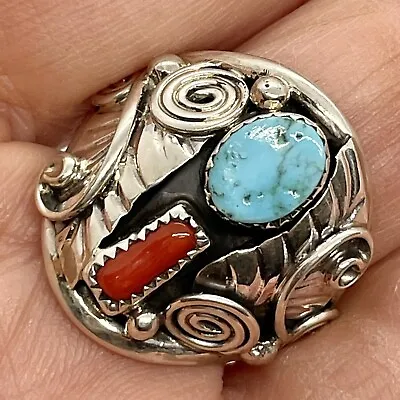 Navajo Men's Nugget Turquoise Coral Ring Size 9.5 Sterling Signed Lorena Brown • $79.94