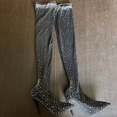 Liliana Pointy Toe High Heels Rhinestones Knee High Boots Shoes Mesh Size 6.5 • $40