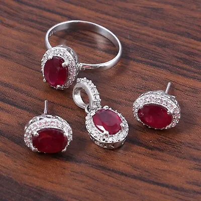 Natural Ruby Ring Earrings Pendant Jewelry Set Matching Women Wedding Gift Her • $101.03