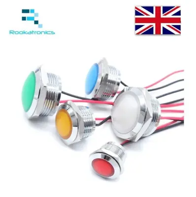 Round Metal LED 12mm 16mm 19mm 22mm 5V 12V-24V 240V Red/White/Blue/Green/Orange • £5.99