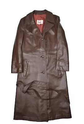 Vintage Hess's Leather Coat Womens S Brown Long Trench Overcoat Belted • $76.45