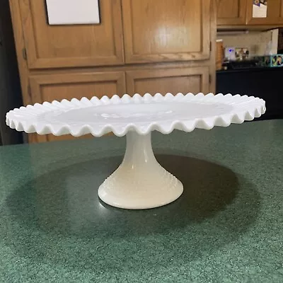 $35 • Buy Vintage Fenton Milk Glass Hobnail Pedestal Cake Stand Plate Ruffle Edge 12”