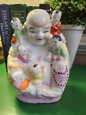 Vintage Laughing Buddha Chinese Famille Rose Porcelain With Children Statue 8.5” • £90.26