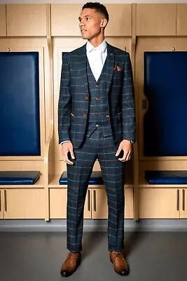 Blue Plaid Men Tweed Suits Herringbone Vintage Retro Groom Tuxedo Wedding Suits • $102.60