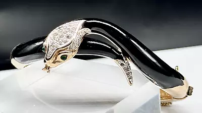 Stunning Vtg PANETTA Black Enamel Crystal Snake Bracelet SIGNED 7  Repair G02 • $41