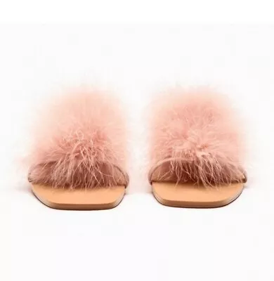 Zara Pink Feathers Strap Flats Summer Sandals Size 7.5 /EUR 38 NWT • $49