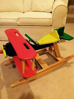 Vintage -  Childs Wooden Airplane Rocking Horse Kids Toy Biplane Rocker 33x24x17 • $110