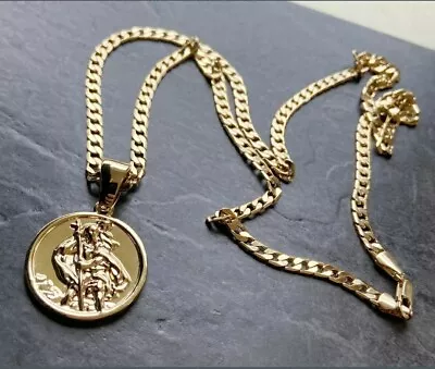 Kids Gold Gf St. Christopher Pendant Necklace Curb Chain Gold Boys Girls • £40.79