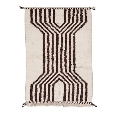 Moroccan Handmade Beni Ourain Rug4'2x6'2 Berber Striped Brown & White Wool Rug • $321
