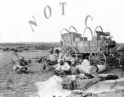 Antique Reproduction 8x10 Photograph Cowboys Eating Around Chuck Wagon # 2 • $11.99