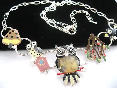 Quirky Black Enamel OWL NECKLACE Mushroom Bird Unusual Costume Jewellery Gift • £12.95