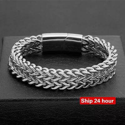 Mens Cuban Chain Bracelet 12MM Silver 2 Layer  Curb  Retro Link Chain Chunky UK • £5.99