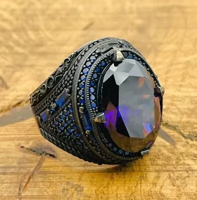Mens Silver Ring Dark Purple Amethyst Oval Stone Ring 925K Mens Jewelry • $54
