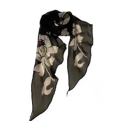 Ellen Tracy Scarf Silky Black Large White Roses Red Center Sheer 11 X 60 Angled • $10