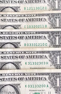 Lot Of 5 True Quinary Fancy Serial Number One Dollar Bill 0s 1s 2s 3s • $15.99