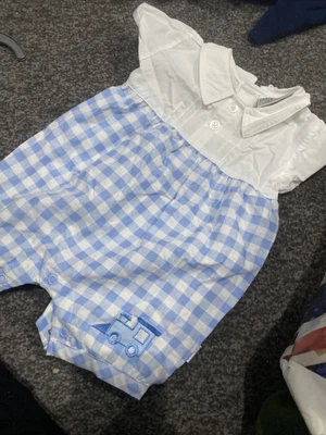 £3 • Buy Baby Boy Spanish Romany Style Romper Suit Smocked Babygrow Blue White Outfit NEW