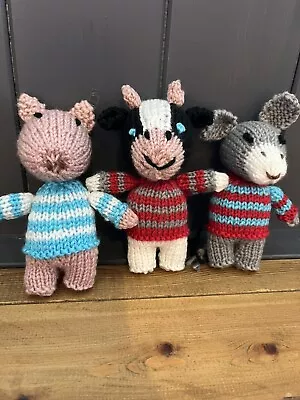 Hand Knitted Farmyard Set Toys Pig Cow And Donkey Play Learn Display New • £20