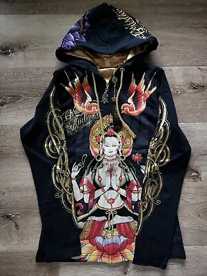 Christian Audigier & Ed Hardy Women Vintage Platinum Hoodie Budda Bird Lotus • £132.98