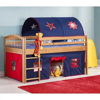 $205.90 • Buy Natural Wooden Junior Loft Twin Bunk Bed Blue Red Tent Kids Play Area Ladder