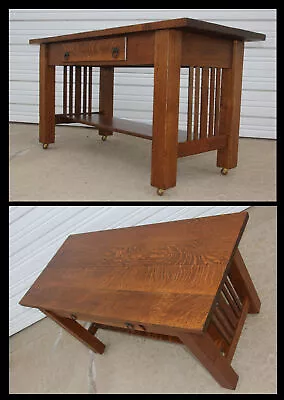 Antique BEEFY Mission Arts & Crafts Oak Library Table Desk Stickley Roycroft Era • $2200