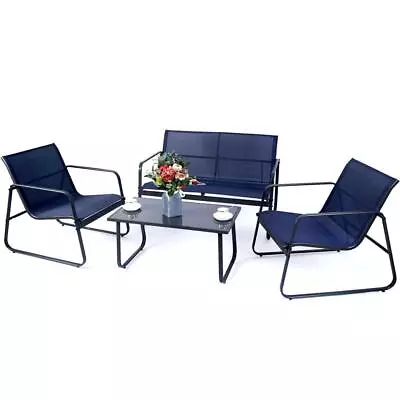 KOZYARD Metal Patio Conversation Set With Blue Breathable Seating 4-Piece Gray • $152.67