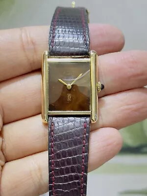Cartier Must De Cartier Tank Vintage Gp Over 925 Silver Mens Wood Dial Watch!!! • $1650