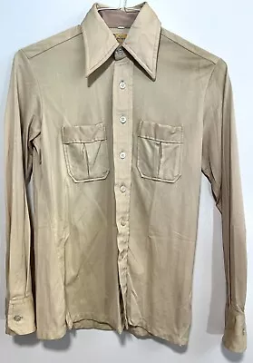 Vtg 1970s Korean Nylon Quinessa Men’s Taupe Tan Disco Shirt Travolta VG Cond • $35