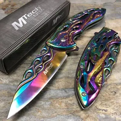 MTech  Assited Open All Rainbow Blade Flame Cut Collection Pocket Knife • $16.99