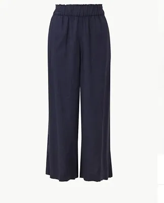 EX M&S Linen Rich Cropped Trouser Wide Leg Ladies Elasticated Waist Pants P16 • £12.99
