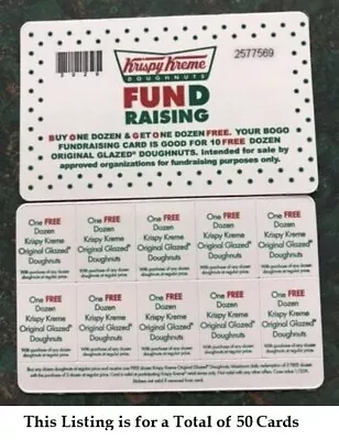 LOT OF 50 *Krispy Kreme Cards - Buy One Get One Dozen FREE - 10 Offers Per Card* • $360