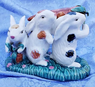 Vintage Large Majolica Ceramic Spotted Rabbits With Carrot EUC • $55