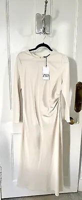 Zara Crepe Side Waist Pleat Details Midi Dress In Ecru L BNWT RRP£49.99 LAST ONE • £39.99