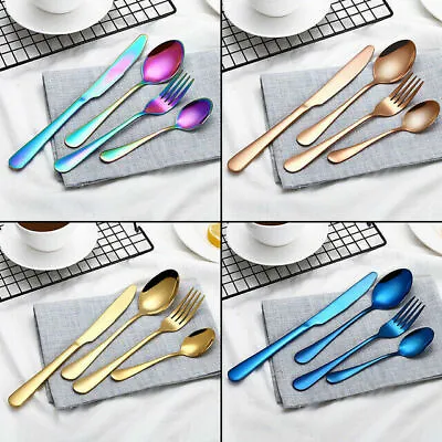 Stainless Steel Cutlery Sets Colourful Rainbow Iridescent Forks Set 4/8/16/24pcs • £10.55