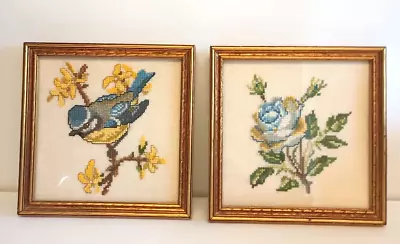 2 Vintage Handmade Needlepoint Bird & Flower Pictures In Wood Gold Frame 6x6 • $29.99