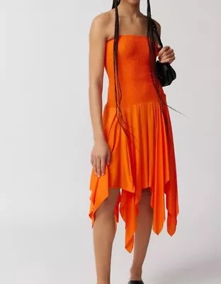 Urban Outfitters Ecote Isley Smocked Midi Dress Size S Orange Handkerchief Hem • $29.59