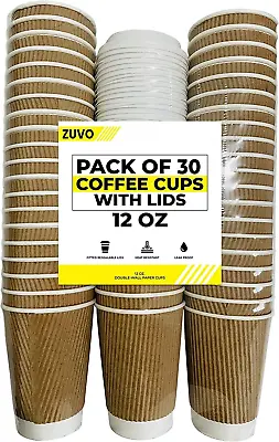 Zuvo Ripple Takeaway Paper Coffee Cups With Lids [30 Cups - 12 OZ] Best For Hot  • £15.50