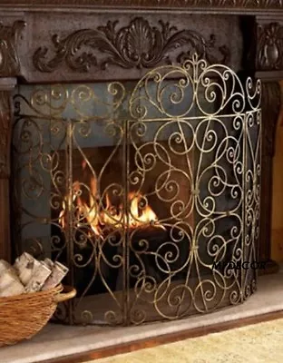 Old World Antique Gold Iron Fireplace Fire Screen French Scroll 5 Panel 62 W • $675