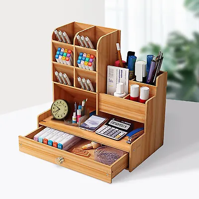 Office Study Desk Organizer Table Box Tidy Case Wooden Pen Pencil Storage Holder • £9.59