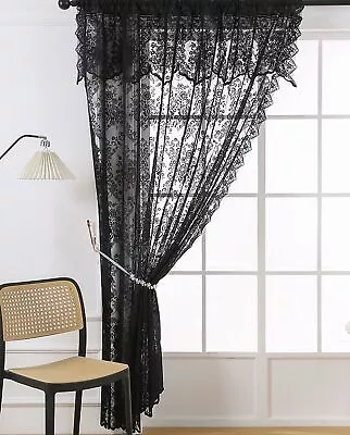 Black Sheer Embroidered Lace Window Curtain Panels Drape With Valance Rod Pocket • $30.68