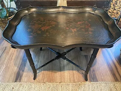 Vintage Black Chinoiserie Faux Bamboo Tray Side Accent Table Bombay Free Ship • $795