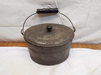 Antique Oval Tin Steel Lunch Pail Mining Bucket School Box Bucket Lid Wood Knob • $79.99