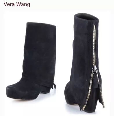 VERA WANG Lavender Label Fold-Over Wedge Suede Ankle Boots Black Size US 7 • $99