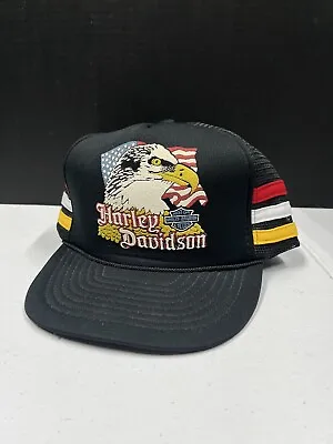 Vintage 1980 Harley Davidson Snapback Trucker Hat 3 Three Stripes Eagle Rare • $154.89