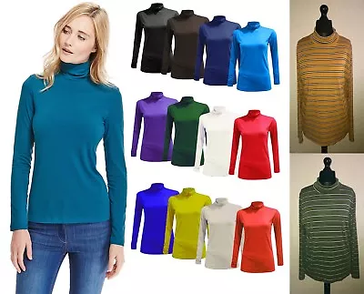 Womens Long Sleeve Turtle Neck Top Jersey Roll Neck Jumper  Polo Neck Sweater • £7.99