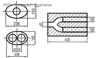 Univers. Silencer Stainless Oval 236x150 Y-Tube L:420 IN/Out 1x80/2x2x70mm • $738.77