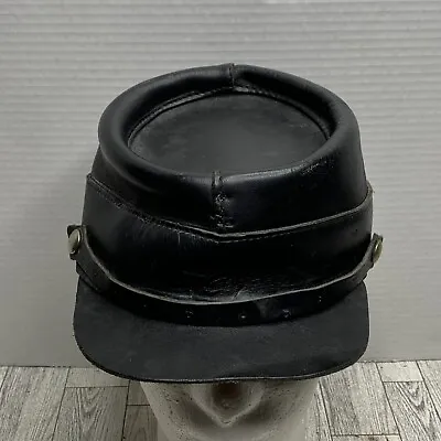Sz M- Vintage Civil War Kepi Leather Military Hat Black - Biker/motorcycle - USA • $40