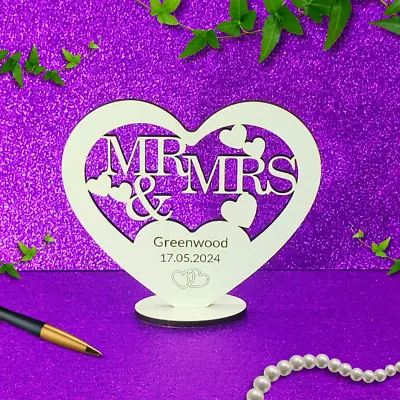 Personalised MR & MRS Wooden Engraved Heart Plaque Wedding Gift Anniversary • £4.99